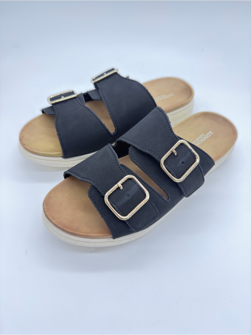 London Fog Black Double Buckle Platform Slide Sandals